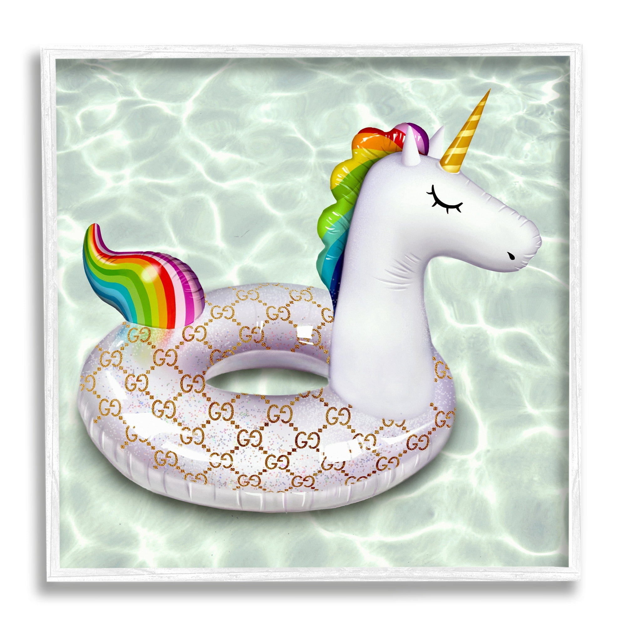 Stupell Industries Unicorn Pool Float Trendy Fashion Emblem Pattern Graphic Art White Framed Art Print Wall Art, Design by Ziwei Li