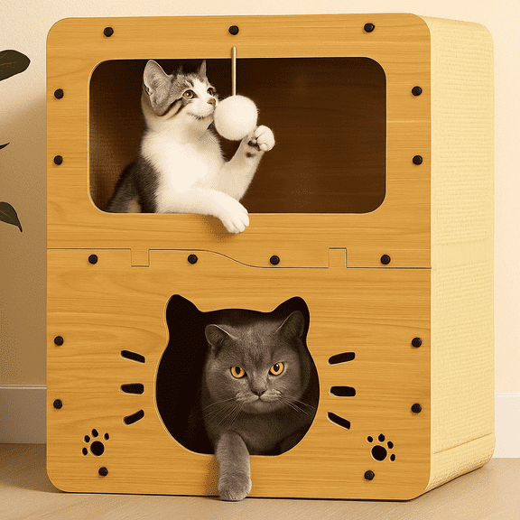 2-Level XX-Large Cat Scratcher House for Indoor Cats, Cardboard House With Scratching Board, Hanging Ball Toy and Pad, Large Space Bed Furniture for Multiple Felines