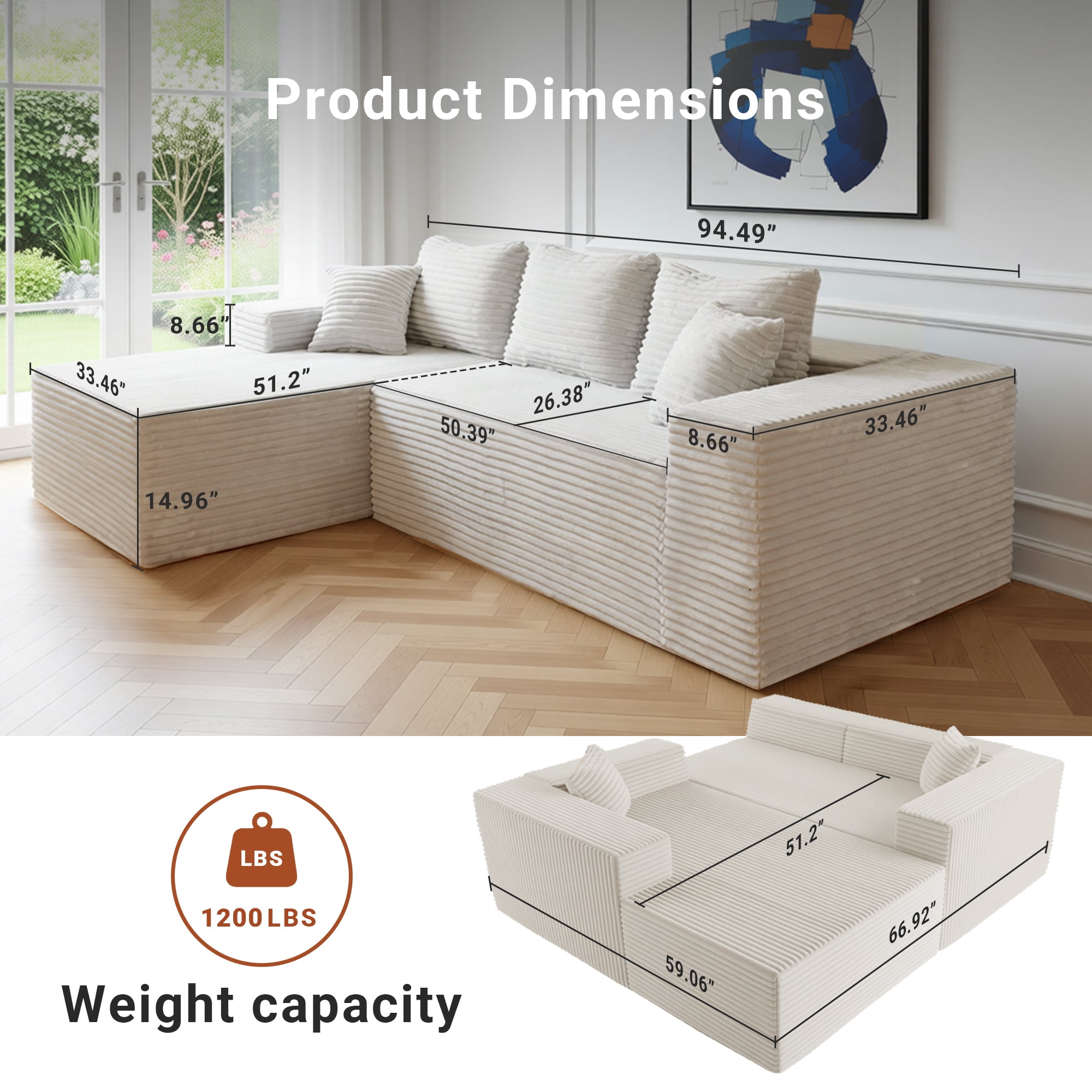 94" Sectional Sofa with Lounge, L-Shape Living Room Cloud Modular Convertible Sleeper Sofa, Corduroy Couch Deep Seat Sleeper Set,Bedroom Reversible Sofa W/Pillows,Beige,Left