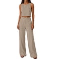thumbnail image 4 of Khunlpohl Women's 2 Piece Sets Crew Neck Cropped Sleeveless Tank Tops and Straight Leg Loose Pants Summer Trendy Casual Vacation Set, 4 of 7