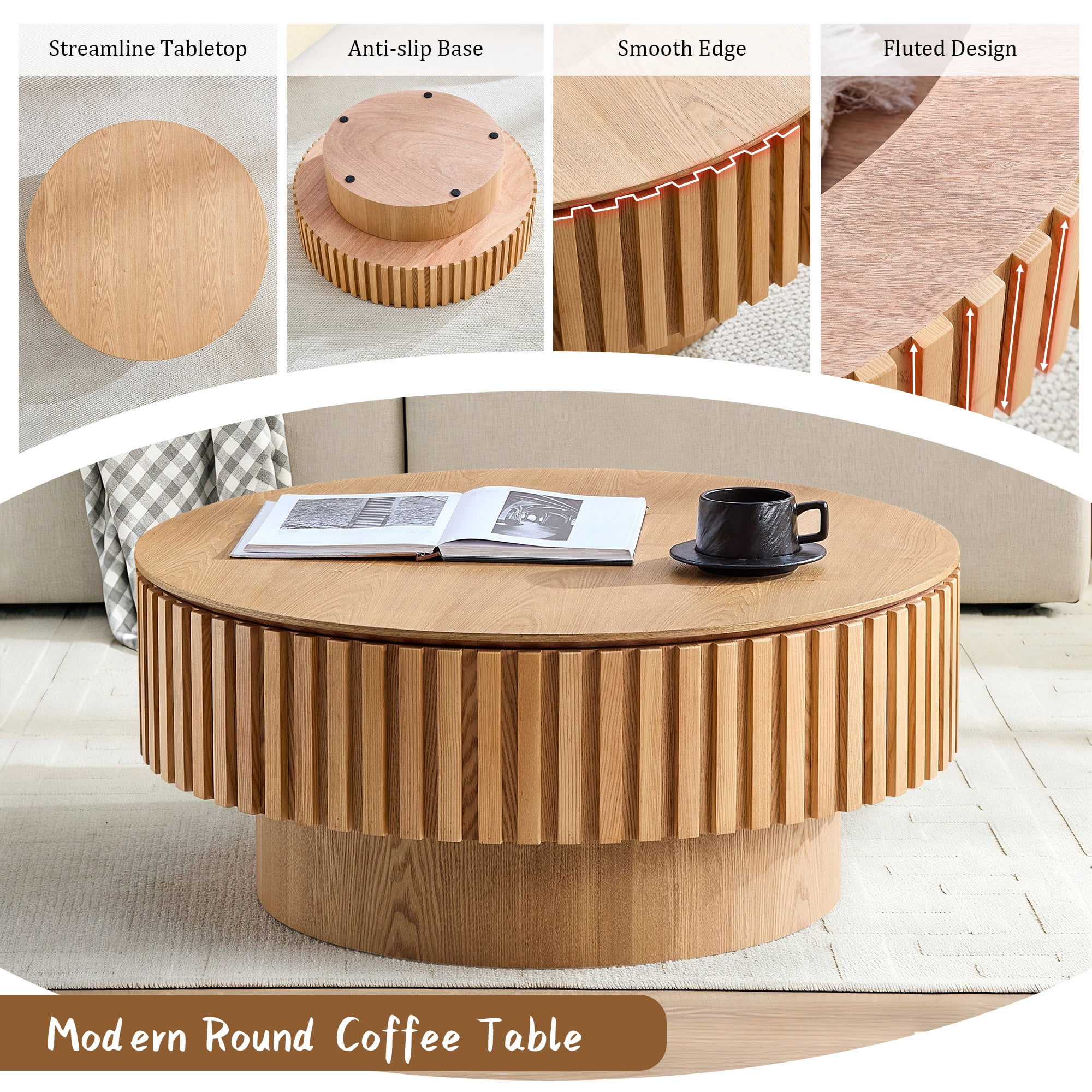 FFH 31.5" Round Coffee Table with Storage, Small Wood Coffee Table with Sturdy Pedestal for Living Room, Apartment, Ash