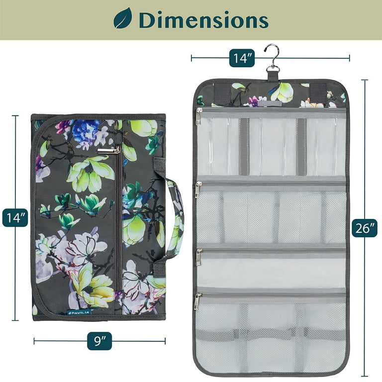 PAVILIA Hanging Toiletry Bag Women Men, Travel Kit Foldable Toiletries  Organizer, Roll up Cosmetics Makeup Bag Accessories, Waterproof Essentials  Jewelry Case (Floral Grey) 