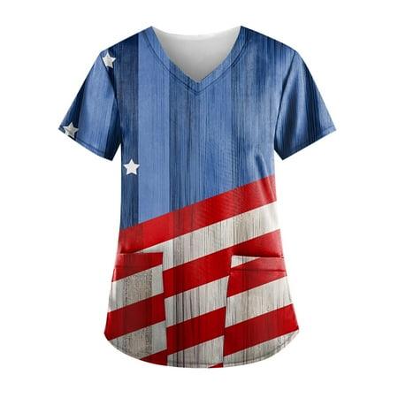 

Sksloeg Scrub Tops For Women American Flag Tops For Women 4th Of July Shirts Short Sleeveless Flag Stripes Printed Color Block T-Shirt Patriotic Tees Blue XXXL