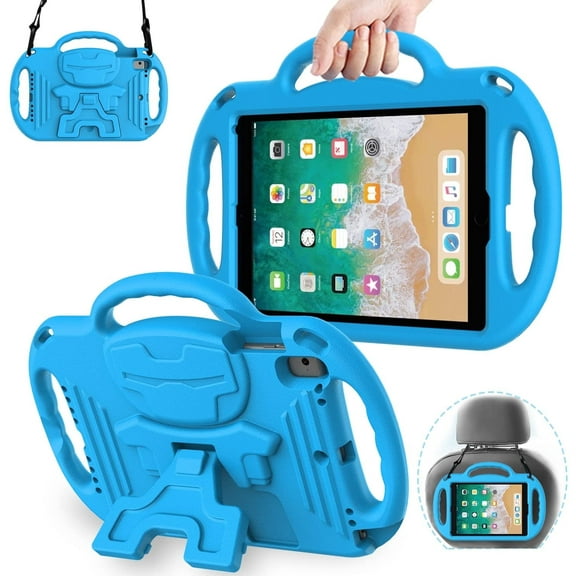 AVAWO Case for iPad 6th Generation Kids with Shoulder Strap, Shockproof Handle Stand Protective Case for iPad 9.7" 5&6th Gen&iPad Air - Blue