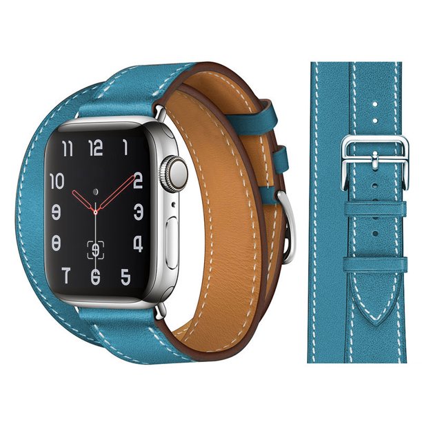 Adecuado para Apple iwatch7 correa de reloj de cuero genuino cuero de doble círculo contraste de color a juego primera capa de cuero correa de reloj de cuero PU correa de muñeca de doble círculo