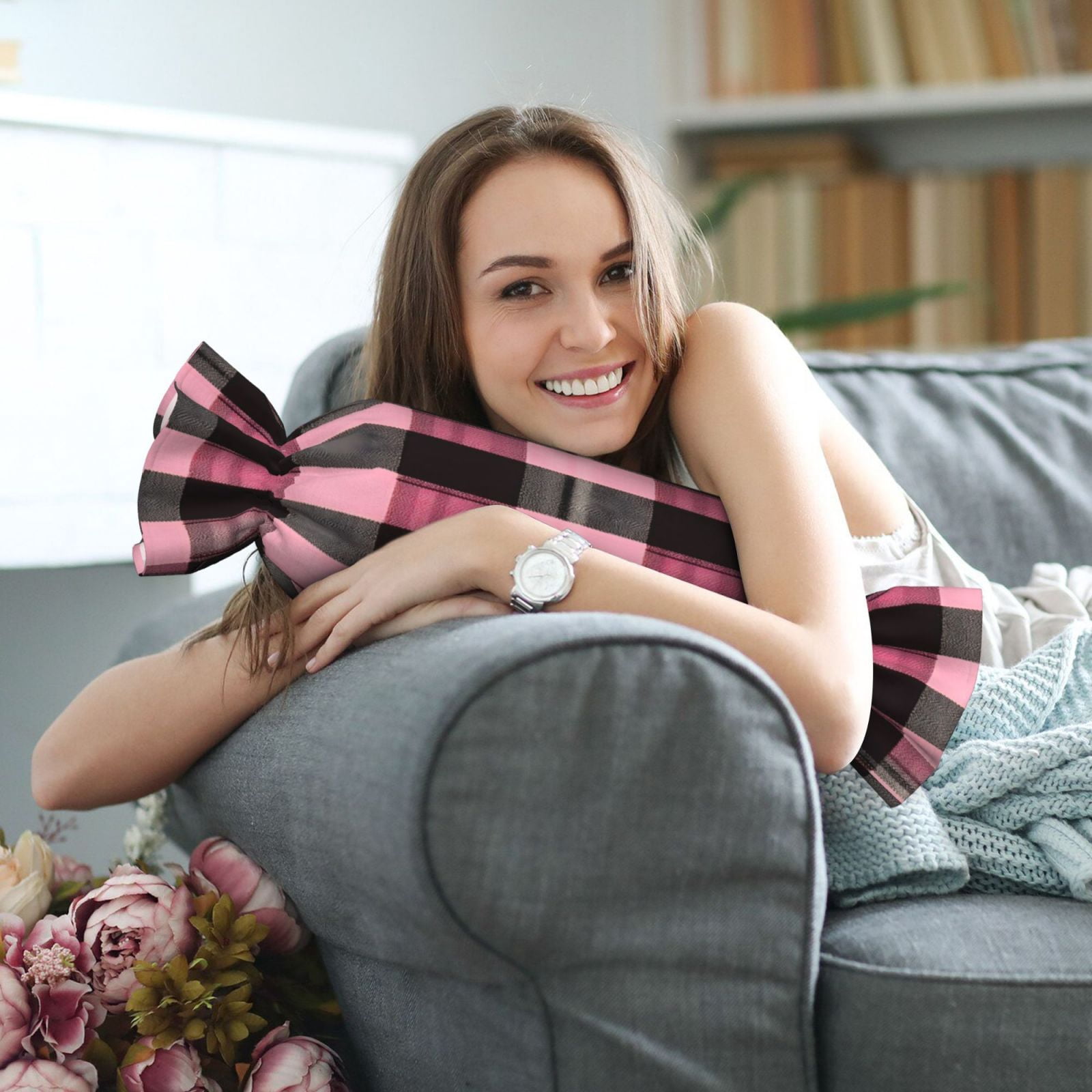 Candy Throw Pillow Travel Cervical Pillow Cylindrical Neck Body Cushion With Insert For Bed Couch Home Decor 9.8x24.4in Hotpink Buffalo Plaid Check Tartan Scotland_4