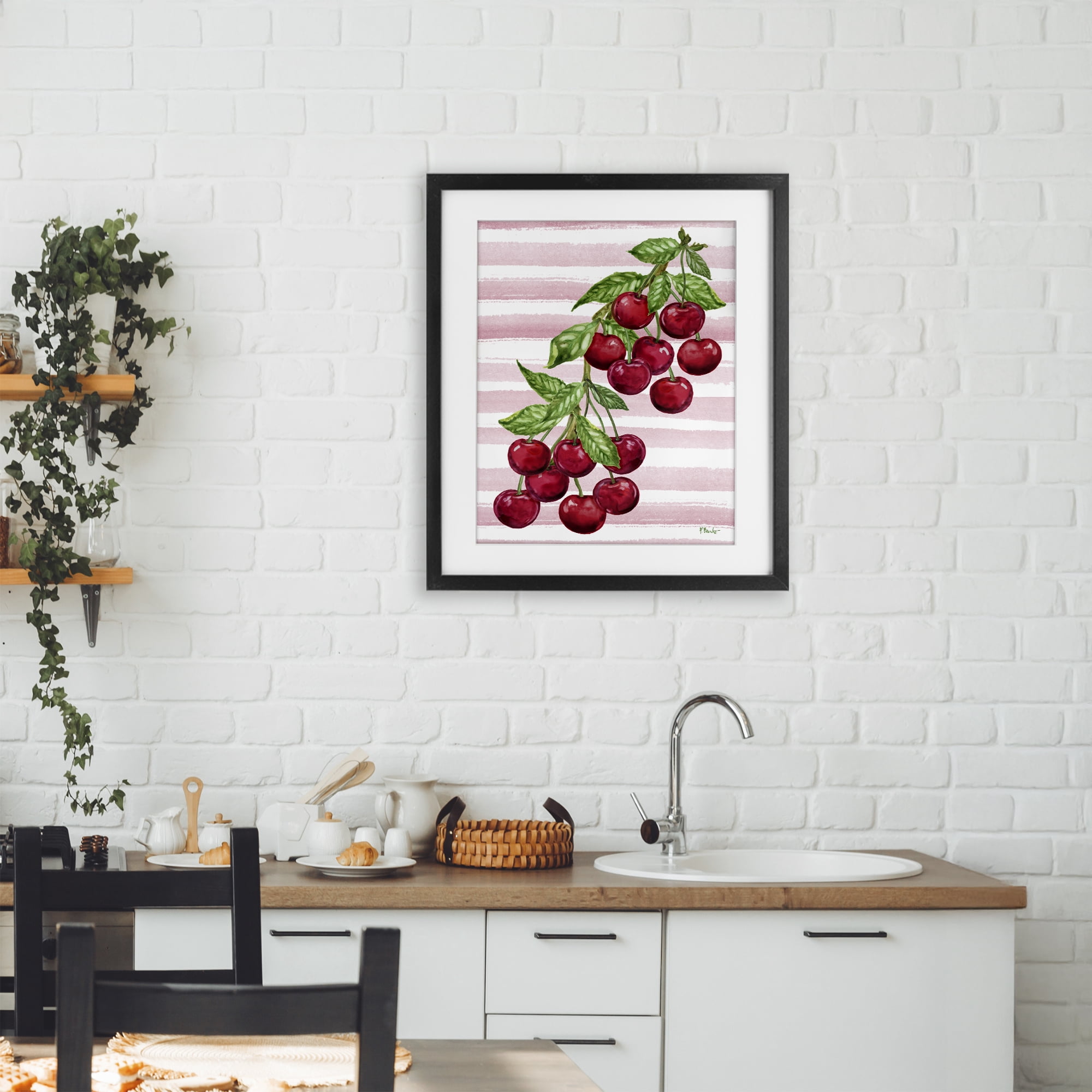 Stupell Industries Juicy Cherry Vine on Stripes Black Framed Print Under Glass, design by Paul Brent