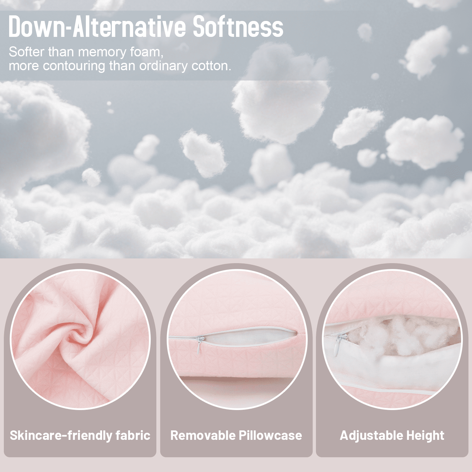 RoamReady Anti Wrinkle Anti-Aging Side Sleeper Pillow, Soft Neck Support Pain Relief Sleep Aid Beauty Pillow, Pink