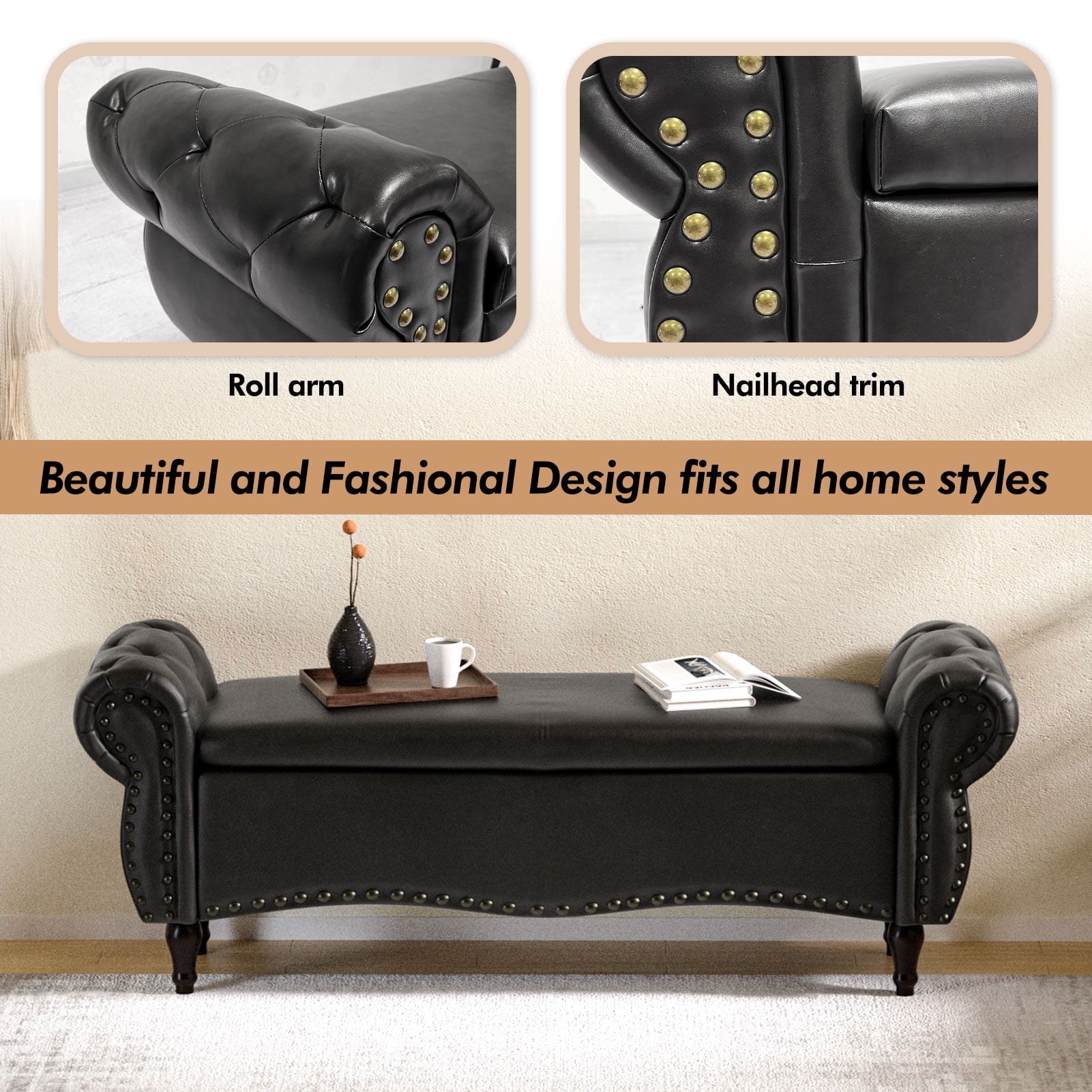zzw 53" Upholstered Storage Ottoman Bench with Safety Hinge Lid and Tufted Fabric