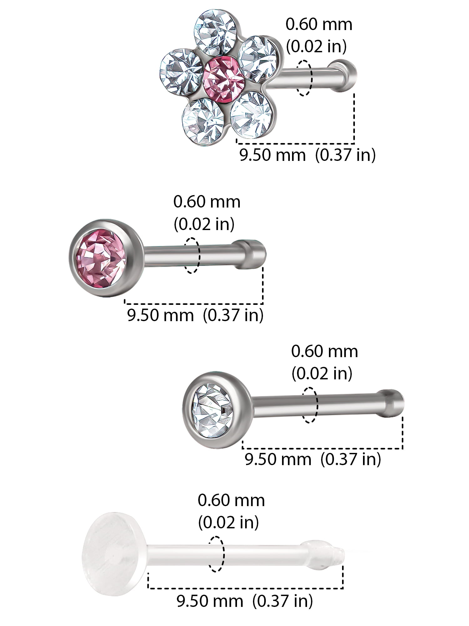 Body Jewelry Women's 22G Steel Nose Studs with Crystals, 6 Pack