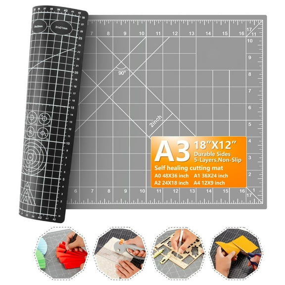 Self Healing Cutting Mat 12x18 Inches A3 Size, 5-Layer Durable Eco-Craft Cutting Board, Anti-Blade-Wear Material with Grid Guides for Crafting, Quilting, Sewing, DIY Projects, Black Gray