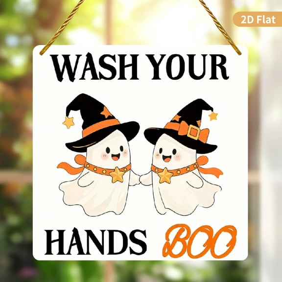 Square Hanging Ornament 8x8 Inch Wash Your Hands Boo Ghost with Witch Hats Design Acrylic Wall Decor 1 Pack for Bathroom Door and Home Decoration