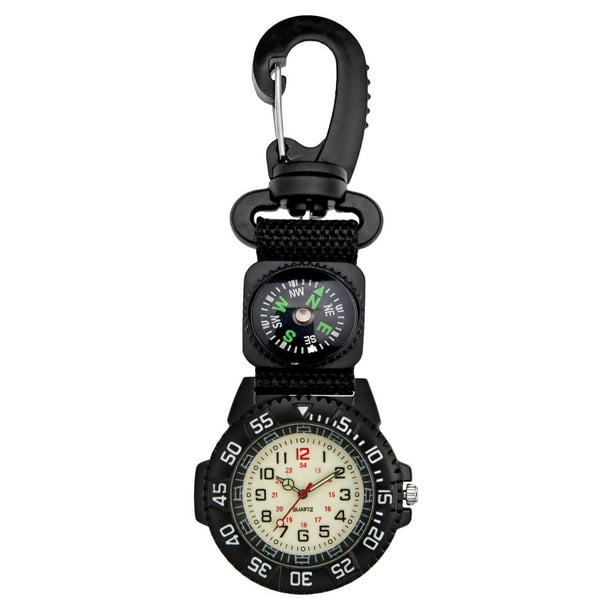 Reloj con clip y brújula: reloj de bolsillo de cuarzo con mosquetón para aventuras al aire libre, reloj con brújula para exteriores con correa de nailon, resistente al agua, ideal para senderismo, aca