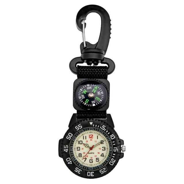 Reloj con clip y brújula: reloj de bolsillo de cuarzo con mosquetón para aventuras al aire libre, reloj con brújula para exteriores con correa de nailon, resistente al agua, ideal para senderismo, aca
