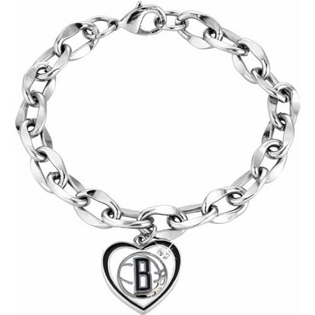 NBA Women's Swarovski Crystal Fine Silver-Tone Brooklyn Nets Heart Charm Bracelet