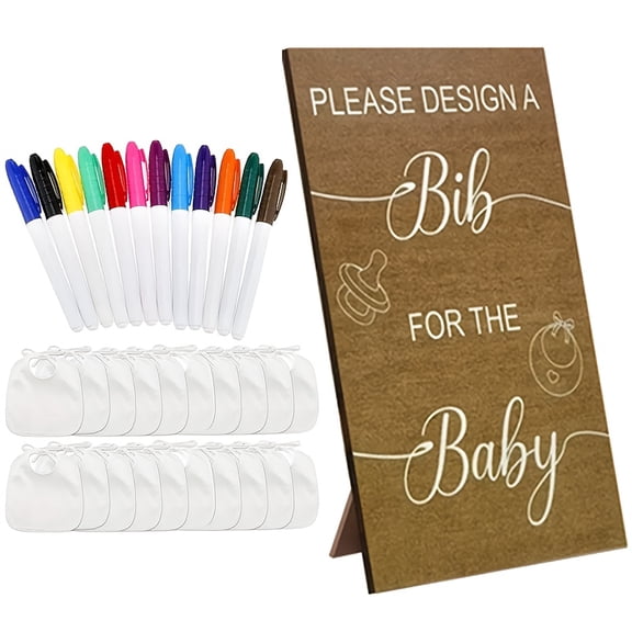 43pcs Baby Shower Game Bib Set, Blank Bibs for Decorating Kit, 30 White Polyester Bibs, 1 Wooden Stand & 12 Crayons Included, Baby Shower Activities for Guests, Baby Shower Gifts for Guests Prizes