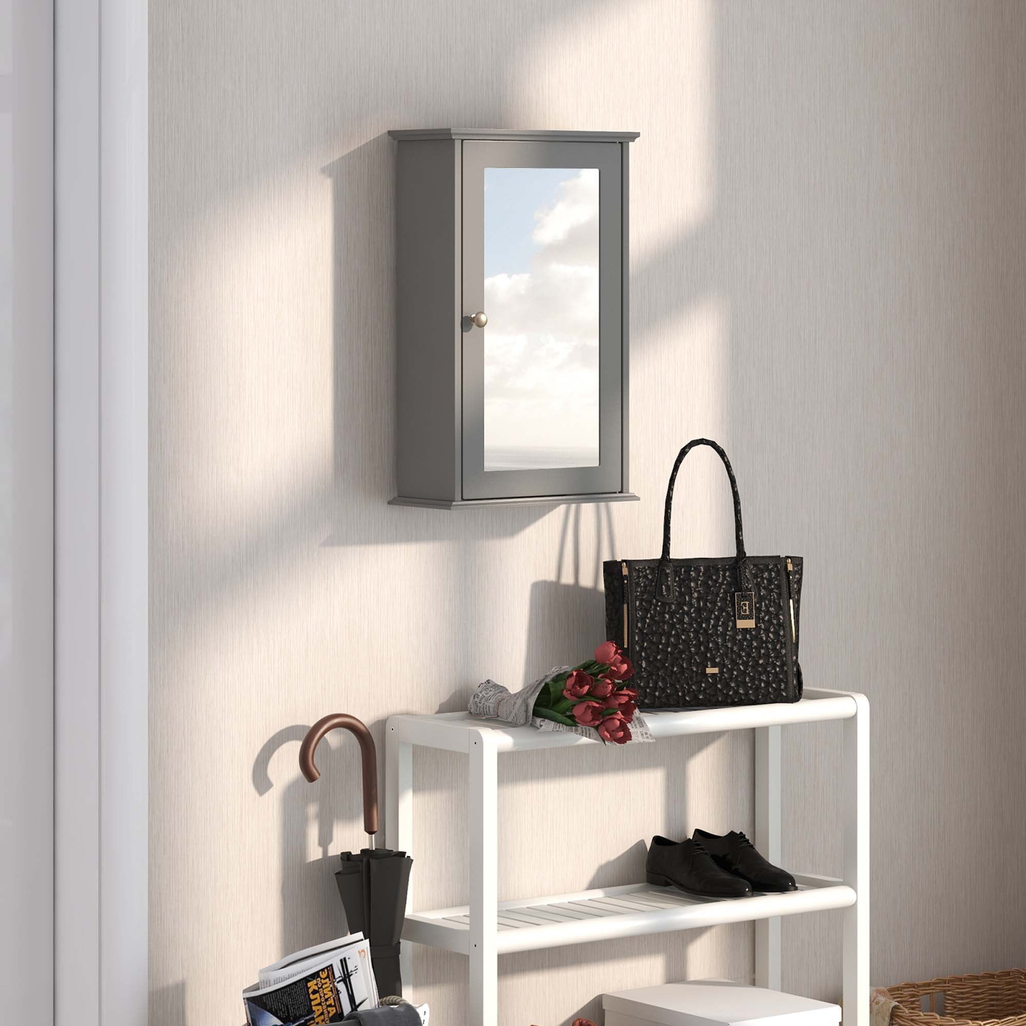 Costway Bathroom Wall Cabinet Single Mirror Door Cupboard Storage Medicine Cabinet Wood Shelf Grey