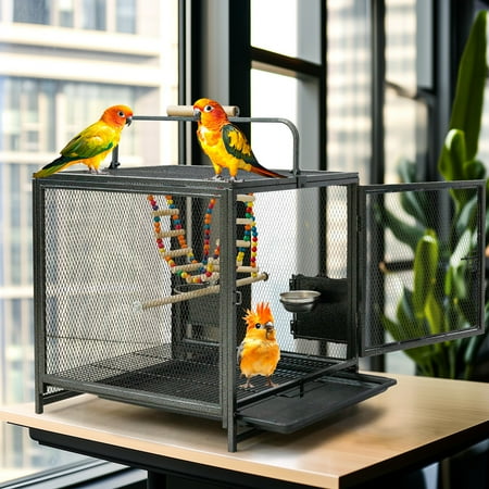Bingopaw Portable Metal Small Travel Bird Cage Carrier with Hammock Swing Toy and Perch, Removable Tray, Bowls