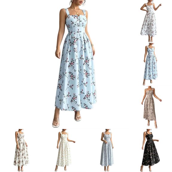 Xaqiouau Womens Floral Midi Dress Spaghetti Strap Summer Casual Sleeveless A Line Dress Button Front Flowy Beach Vacation Sundress