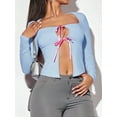 thumbnail image 7 of Bslissey Women's Long Sleeve T-shirt Low Cut Bow Tie Up Open Front Shirt Ladies Sexy Slim Fitted Tops for Spring Summer Streetwear, 7 of 7