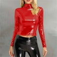 thumbnail image 2 of ManxiVoo Metallic Liquid Glitter Turtleneck Crop Top Long Sleeve Shiny Bodycon Shirt Women Sleeveless Tank Versatile Evening Glam L Size Red, 2 of 5