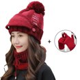 thumbnail image 2 of 4Pcs/Set Winter Knit Beanie Hat Scarf Set with Face Cover Touchscreen Gloves for Women, Pom Slouchy Skull Cap with Fleece Lined, 2 of 8