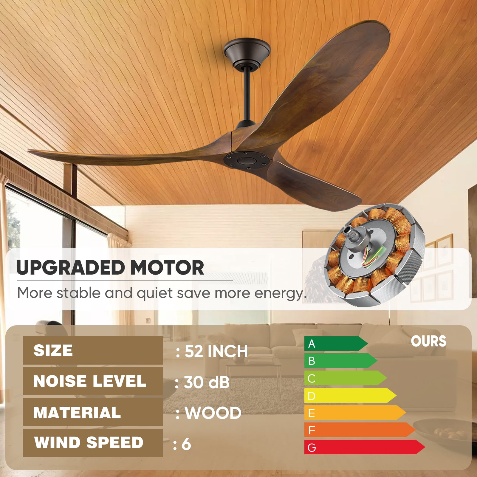 52 inch Wood Ceiling Fan No Light, Remote Control 1/4/8H Timer, 6 Speed Quiet Reversible DC Motor