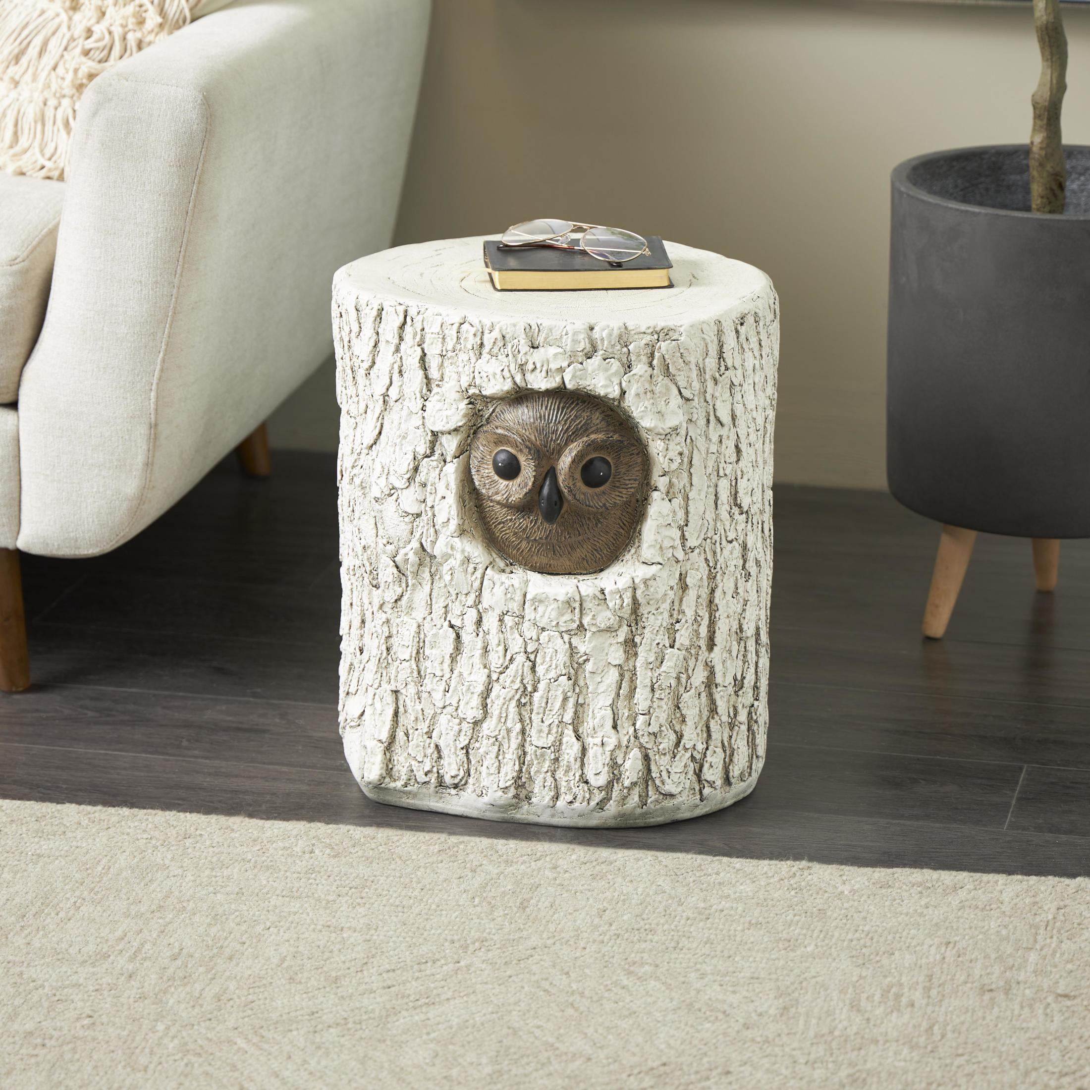 DecMode Magnesium Oxide Owl Tree Trunk Garden Stool with Brown Accents, White