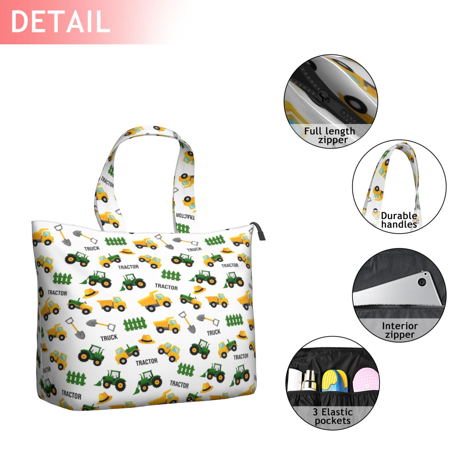 Cartoon Tractors Fences White Pattern Travel Tote Bags for Women Carry On,Large Weekender Bags for Women Travel,Multi Functional Duffle Bag for Work,Shopping,Sports