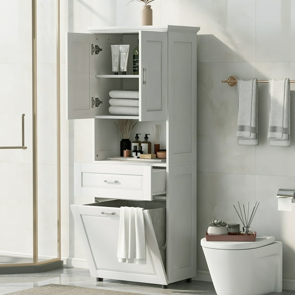 UBesGoo 69''H Bathroom Storage Cabinet with Drwaer Laundry Basket,Tiltable Cabinet, White