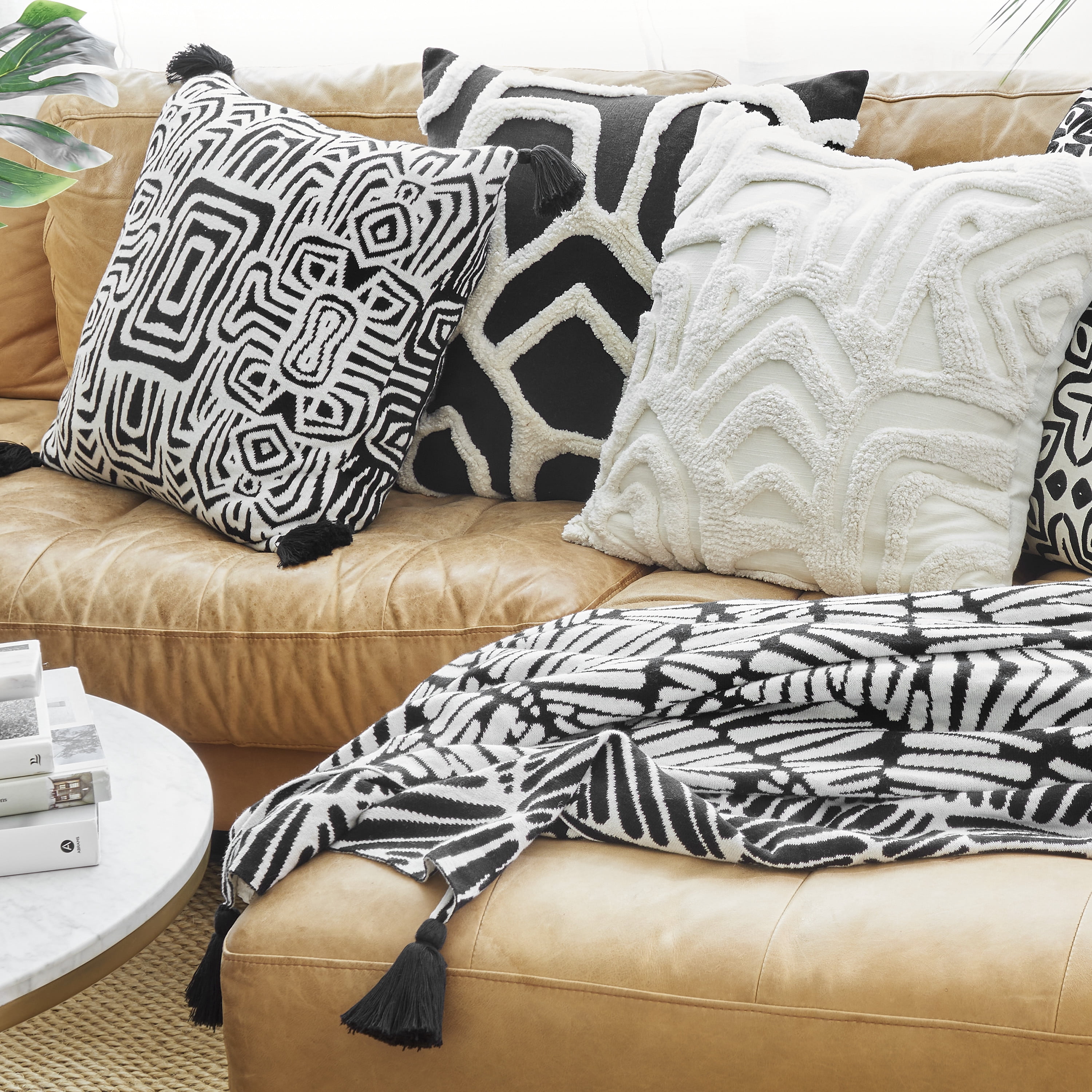 Rochelle Porter Oga Decorative Square Pillow, Throw, Black, White, Cotton, Polyfill, 20"x 20", 1 Count