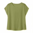 thumbnail image 4 of NTACZA Casual Ladies Summer Tops Tee Cotton And Linen Solid Classic T-Shirt Crew Neck Rolled Short Sleeve Relaxed Fit Vacation Green L, 4 of 6