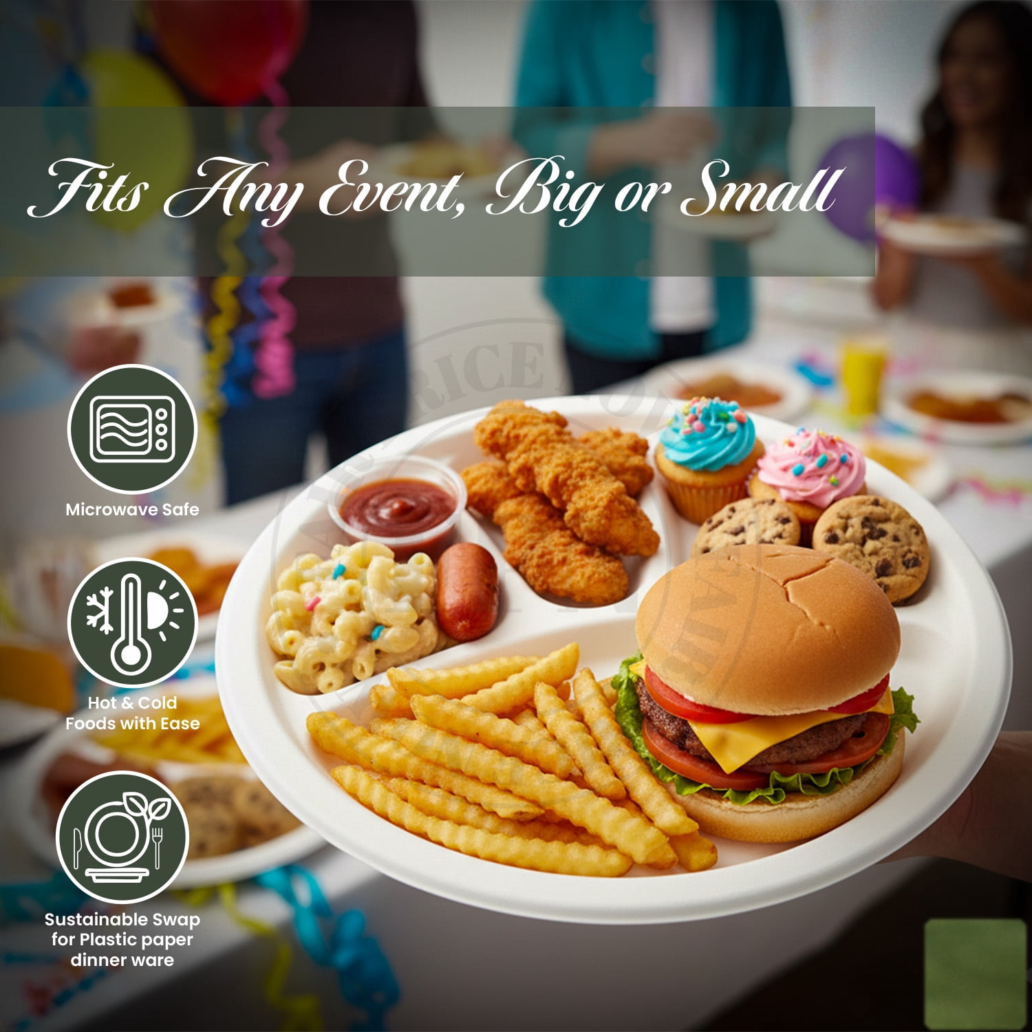 FPN Disposable Plates 4 Compartment 125 Pack 12x12 in Bagasse Compostable