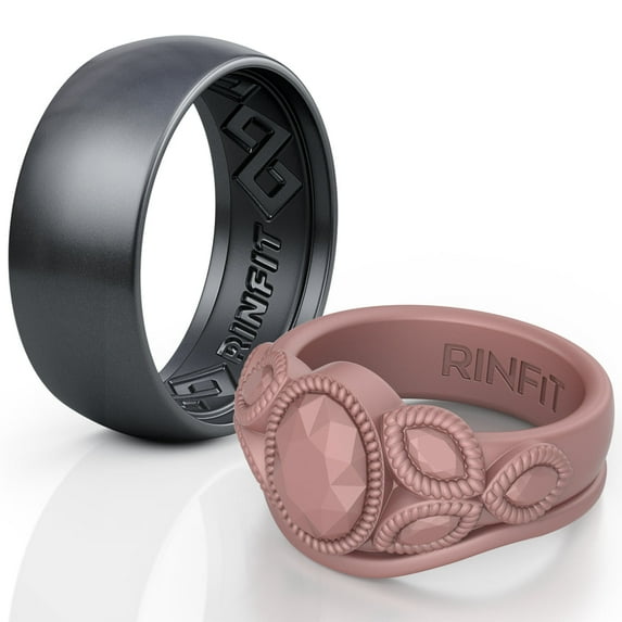 Rinfit Silicone Rings for Women & Men - Couple Sets Rubber Wedding Bands - Inner Step Edge & Diamond Oval - Gunmetal Gray, Rose Gold