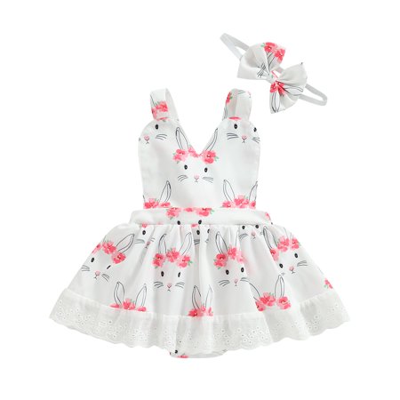 

Musuos Easter Infant Girls Romper Dress Rabbit Print Halter Neck Sleeveless Lace Trim Ruffles Skirt Hem Baby Bodysuits with Headwear