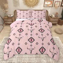 Manfei Pink Square Aztec Full Size Comforter Sets for Adult, Tribal Western Bohemian Bedding Comforter Set, Mandala Hippie Style Reversible Bedding Sets, Lightweight Room Decor, 3-Piece