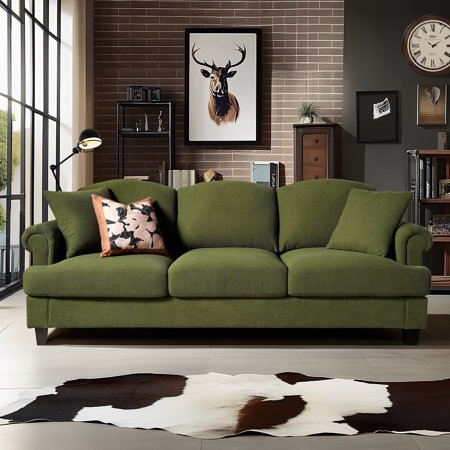 Ovios 3 Seater Sofa Couch with Deep Seat 90" Comfy Upholstered Sofa Mid Century Modern Corduroy Sofas with Throw Pillow, Couches for Living Room, Green