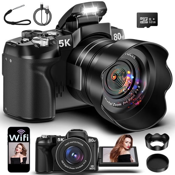 MARVUE Digital Camera 5K UHD 80MP WiFi Vlogging Camera Photography 3’’270 Flip Screen Autofocus with 16GB TF Card