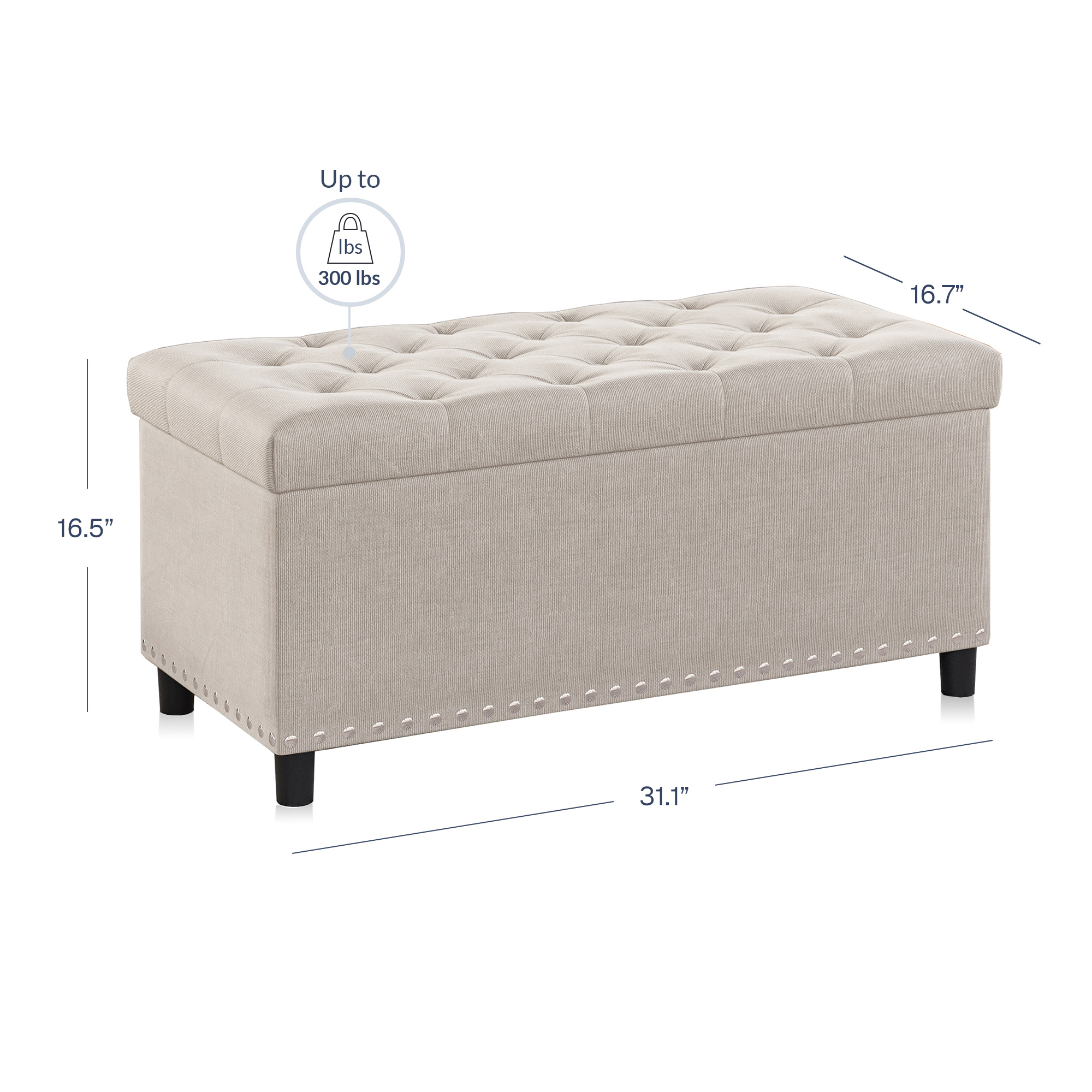 Belleze 35 Inch Button-Tufted Storage Ottoman, Beige photo 2