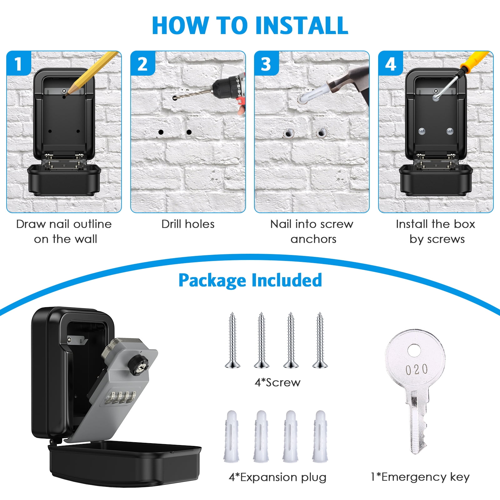Key Lock Box, AMIR Key Safe Box with Emergency Key 10 Keys Capacity Waterproof Wall Mounted Key Storage Box for Home Warehouse Basement Garage Outdoor