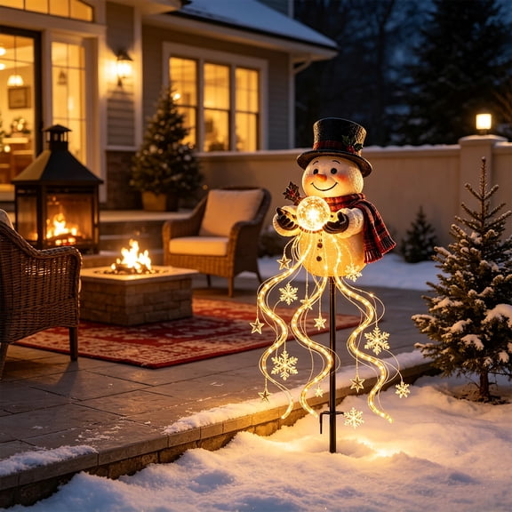 Cififendec Christmas Snowman Ground Stake Light, Warm LED Snowflake Star Tassel Outdoor Decor for Yard Patio