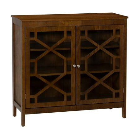 Linon Betty Small Storage Cabinet Decorative Glass Door in Brown Stained Wood