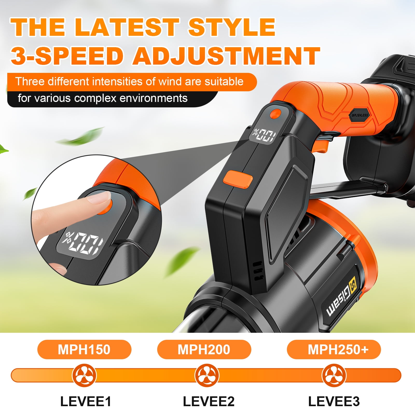 Gisam Rotatable Electric Brushless Cordless Leaf Blower 800000RPM 320CFM Handheld Leaf Blower with 2 X 6.0Ah Batteries for Patio Cleaning, Lawn Care, Blowing Leaves and Dust