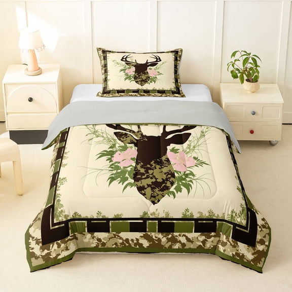 Manfei Wild Buck Grid Twin Comforter Sets,Pretty Floral Bedding Set,Green,Light Gray Reversible,2-Piece,1 Comforter and 1 Pillowcase