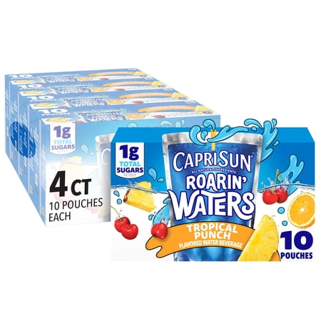 (4 pack) Capri Sun Roarin Waters Tropical Punch Flavored with other natural flavor Water Beverage 40 ct Pack 4 Boxes of 10 Drink Pouches (4 pack) Capri Sun Roarin Waters Tropical Punch Flavored with other natural flavor Water Beverage 40 ct Pack 4 Boxes of 10 Drink Pouches