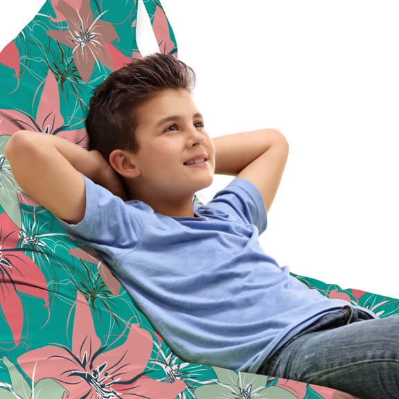 Exotic Lounger Chair Bag, Hawaiian Summer Flowers with Hibiscus Blooms Opening Up Beauty Foliage Motif, High Capacity Storage with Handle Container, Lounger Size, Coral Turquoise, by Ambesonne