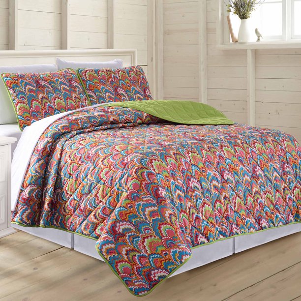 3-PIECE PRINTED REVERSIBLE COVERLET SET PETALUNA FULL/QUEEN - Walmart.com