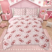 Manfei Pink Red Ribbon Bedding Comforter Set for Kid, Winter Christmas Snowman Twin Comforter Sets, Kawaii Cute Cartoon Reversible Bedding Set, Microfiber Bedroom Decor, 2-Piece