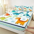 thumbnail image 3 of Homewish Kawaii Dinosaur Queen Sheet Sets for Kids, Tropic Coconut Tree Flat Sheet, Green Blue Stripes Queen Fitted Sheet, Breathable Home Decor, 4 Pieces, 3 of 7
