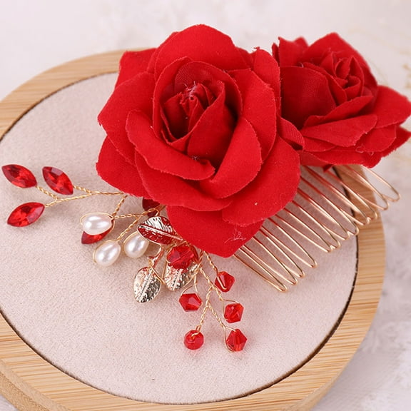 GOOHOCHY  Flower Hair Comb Bridal Accessory Accessories Rosy Design Wedding Bride Red